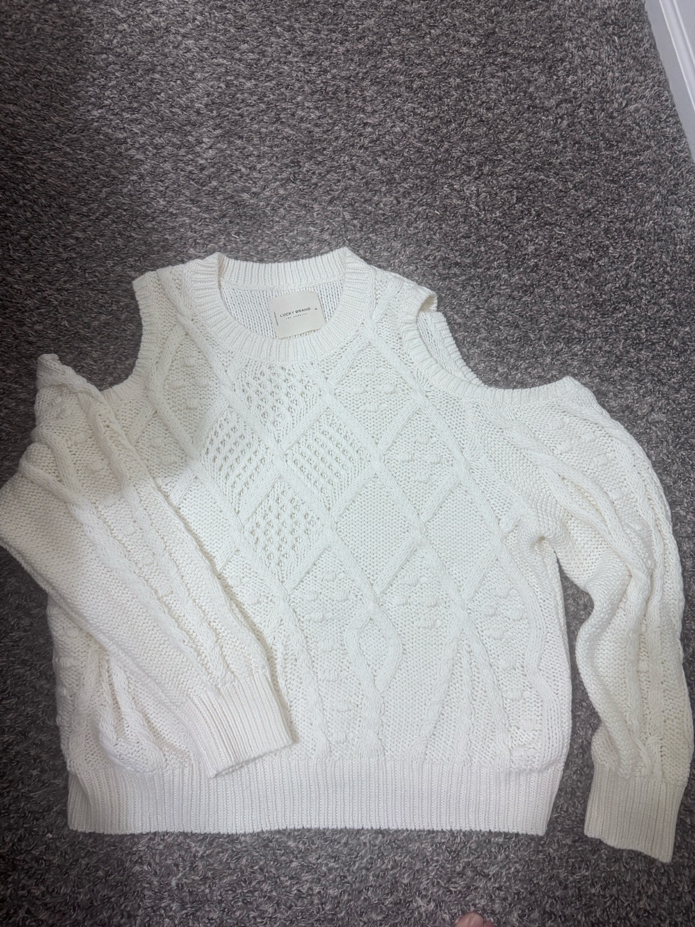 Lucky Brand Cozy White Cold-Shoulder Cable Knit Sweater